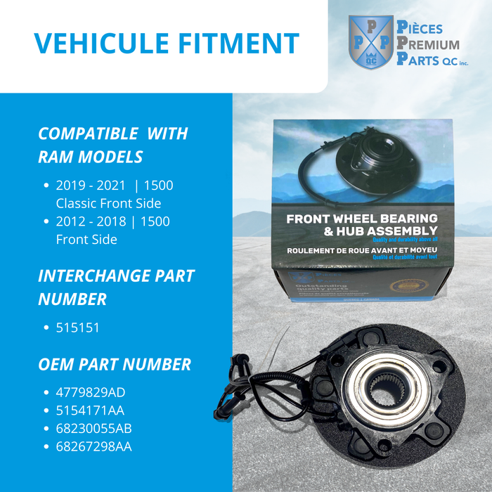 43-190429 | Roulement de roue avant et ensemble de moyeu pour Dodge Ram 1500 (2012 à 2019) et Dodge Ram 1500 Classic (2019 à 2021)