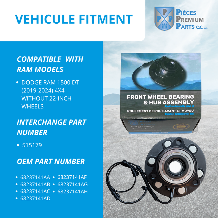 43-190429HD-DT | Front Wheel Bearing and Hub Assembly for Dodge Ram 1500 DT New Body Style (2019 to 2024), 6 Lugs, Without 22-Inch Wheels